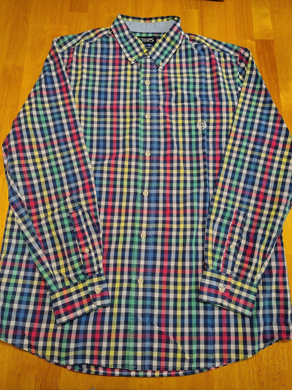 Chaps Shirt Mens Large L Multi Color Plaid Long Sleeve Easy Care Cotton Blend